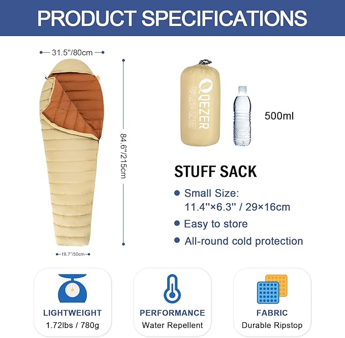 Ultralight Down Sleeping Bag for Adults with 600 Fill Power, Compact Sleeping Bag with Compression Sack for Backpacking, Hiking and Camping