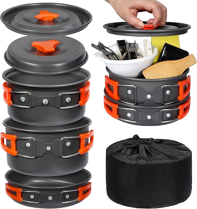 REDCAMP 12/14/15/19 PCS Camping Cookware Mess Kit Camping Gear Campfire Utensils Lightweight Stackable Pot Pan Bowls Soup Spoon with Storage Bag for Camping, Backpacking, Outdoor Cooking, Picnic