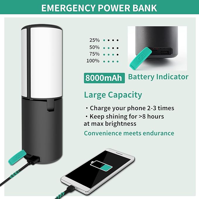 JINHODY Rechargeable LED Lantern - 8000mAh Solar Powered, 4000LM Camping Lights for Indoor/Outdoor Use, USB Charging, Emergency Flashlight