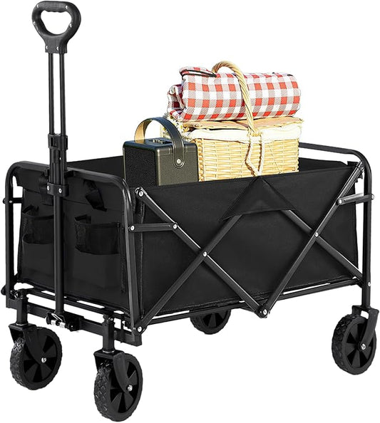Collapsible Folding Wagon Cart with All-Terrain Wheels, Foldable Lightweight Utility Cart with Adjustable Handle, Portable Grocery Shopping Cart on Wheels for Beach, Garden, Camping, Sports, Black