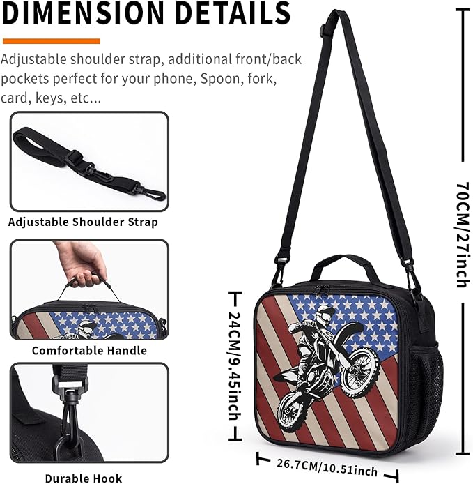 Motorcycle American Flag Lunch Bag Motocross Lunch Boxes for Women/Man Office Work Travel, School, Work, Picnic, Durable Reusable Insulated Large Lunch Tote Bag with Adjustable Shoulder Strap