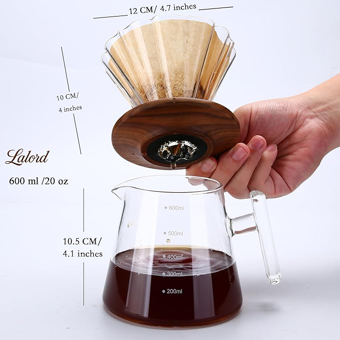 Pour Over Coffee Maker, 20 oz Borosilicate Glass Set with 100 pcs Paper Filter, Walnut Collar & Glass Lid, Drip Coffee Maker, 1-3 Cups, Clear, 600 ml(glass handle)