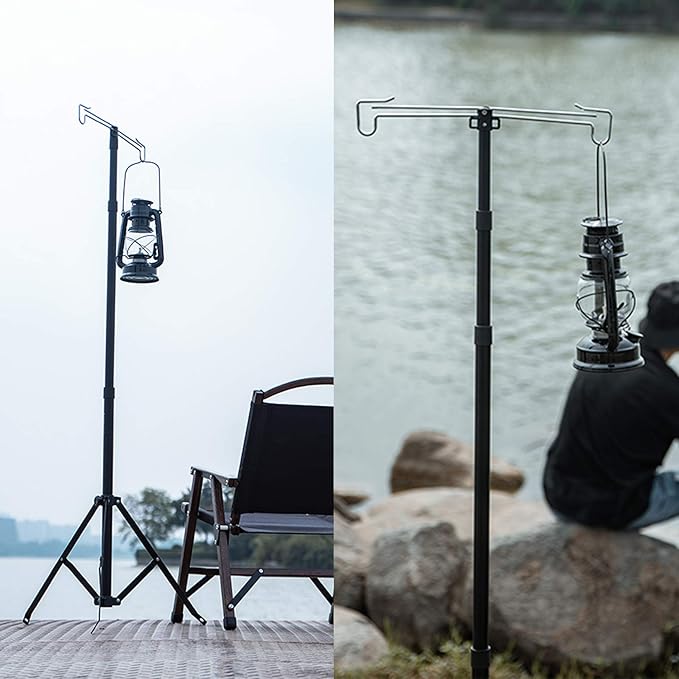 OMUKY Telescopic Lantern Stand with Base Outdoor Camping Lamp Stand Pole Adjustable Lantern Pole (Black)