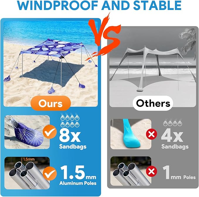 Beach Tent Sun Shelter, 10 x 10 FT Beach Canopy Tent Sun Shade, UPF50+ Beach Tent Canopy with 8 Sandbags & 4 Stability Poles, Outdoor Beach Tent for Beach Camping Fishing, Jellyfish