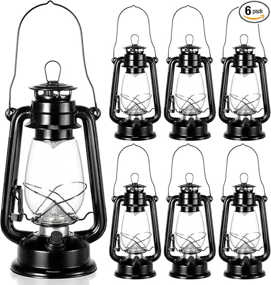 Hortsun 6 Pcs Black Vintage LED Camping Lanterns Warm LEDs and Dimmer Switch Battery Operated Metal Hurricane Farmers Hanging Lantern for Indoor Outdoor Usage Decor (12 Inch)