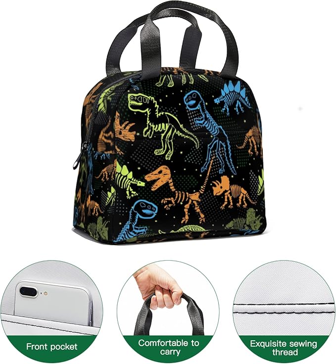 Giwawa Dinosaur Lunch Box for Kids, Colorful Dino Fossil Animal Print Reusable Lunch Bag Thermal Lunch Cooler Tote Bags for Boys Girls Men Women Travel Picnic, Front Pocket & Zipper Closure