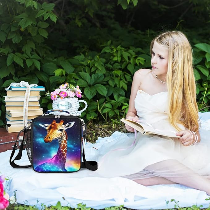 Galaxy Rainbow Giraffe Insulated Lunch Bag for Girls Boys Teen Cute Colorful Reusable Lunch Box with Shoulder Strap Freezable Thermal Cooler Bag Meal Prep for School Travel Picnic Beach Lunch Pail