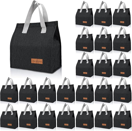 24 Pack Lunch Bags Bulk,Insulated Reusable Lunch Bags with Aluminum for Women Men,Leakproof Tote Large Lunch Box for Office,Work,Beach or Travel,Black