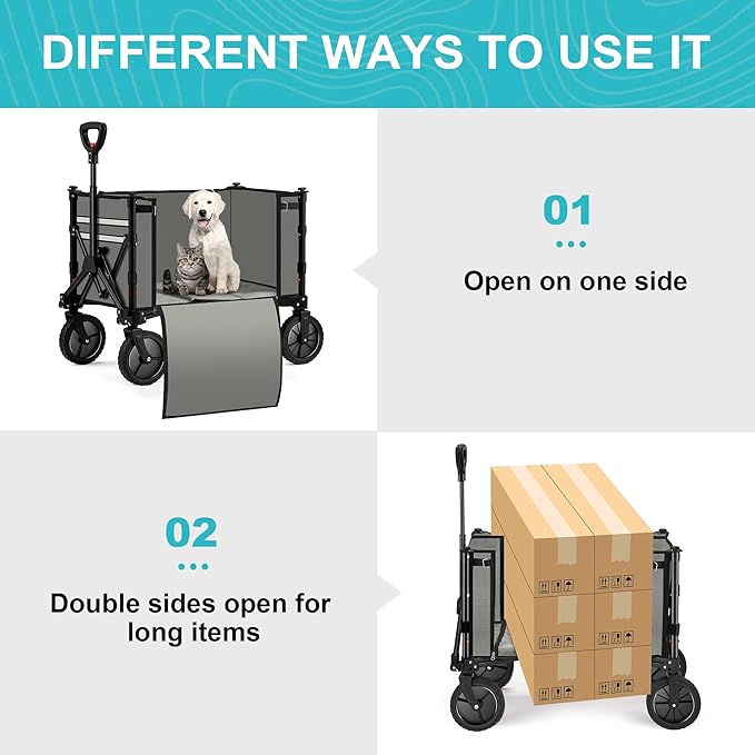 Collapsible Wagon Carts,Folding Wagon Cart with All Terrain Wheels,Heavy Duty Garden Carts with Adjustable Handle,Outdoor Utility Wagon for Camping Shopping Sports Fishing (Gray)