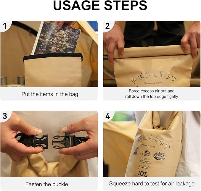 Waterproof Dry Bag 10L Tough & Water-repellent Storage Bag with Adjustable Shoulder Straps Lightweight Portable Backpack Dry Bags for Kayaking Khaki