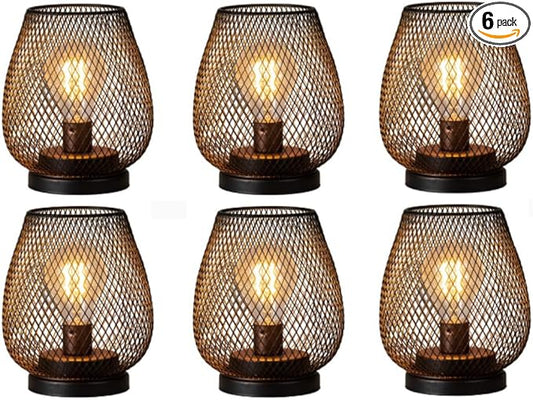 DECORKEY Set of 6 Battery Operated Lamp LED Table Lantern, Brown Metal Cage Cordless Lamps with LED Bulb，Vintage Decorative Outdoor Lantern for Weddings, Parties, Patio, Events for Indoors Shelf Decor