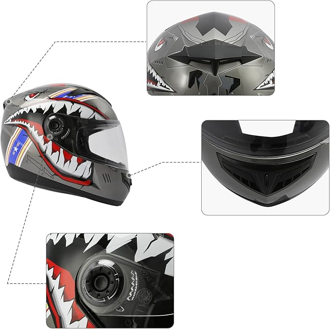 TCT-MOTORPARTS DOT Youth Kids Motocross Helmet ATV Full Face Helmets for Offroad Street Dirt Bike Go-Kart BMX MX Gray Shark Mouth Medium