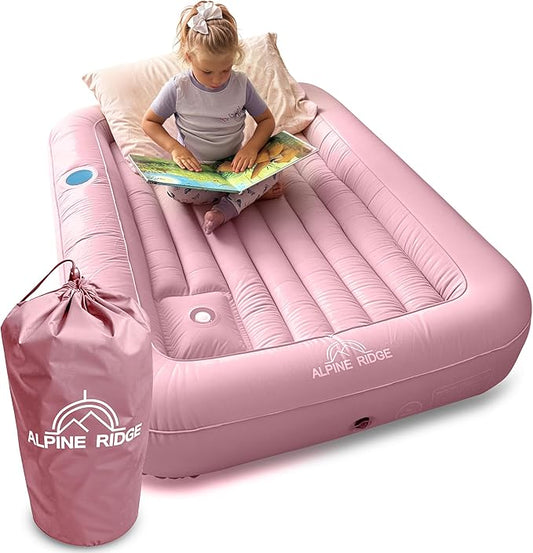 Toddler Travel Bed with Safety Bumpers [4-Sided] | Portable Bed for Kids | Toddler Air Mattress | Kids Air Mattress with Built-in Foot Pump (Pink)