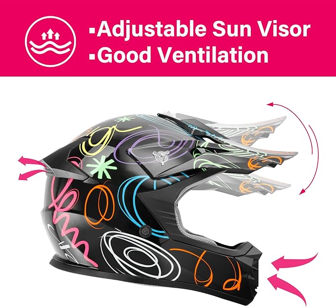 TCT-MOTORPARTS DOT Youth Kids Motocross ATV Helmets Offroad Street Dirt Bike Go-Kart BMX MX Full Face Helmet Black w/Graffiti Medium Size