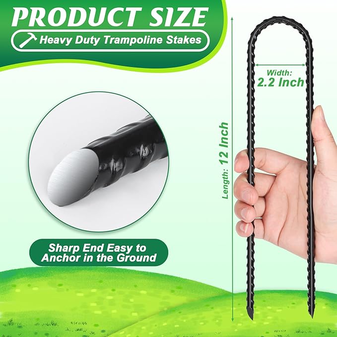 Gtongoko Trampolines Wind Stakes 12 Pack 12 Inch,Heavy Duty U Shaped Rebar Tent Stakes Ground Anchors Galvanized Steel Safety Trampoline Anchors for Camping Tents, Soccer Goals