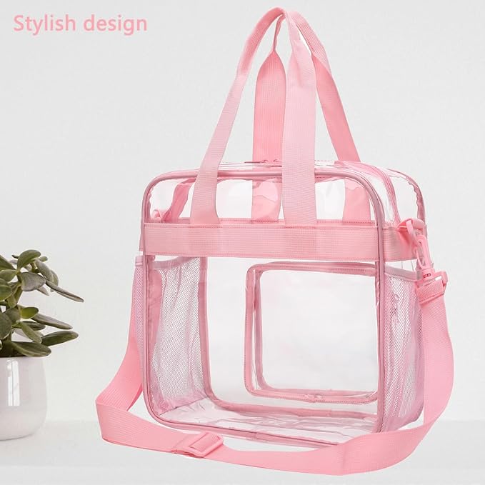 FlowFly Clear Bag for Stadium Events With Shoulder Strap for Women, Men, Large and Reusable Lunch Container, Work and Sporting Events, Travel 12x6x12 Clear Tote Bag, Clear#Pink