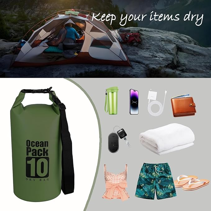 Floating Waterproof Dry Bag Backpack 5L/10L/20L, Roll Top Bag for Kayaking, Rafting, Boating, Swimming, Camping, Hiking, Beach, Fishing, Waterproof Beach Bag. (Forest green, 10L)