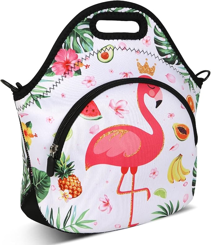 Violet Mist Neoprene Lunch Bag Reusable Insulated Cartoon Flamingo Snack Bags Animal Work Picnic Travel Tote Food Handbags, Unisex, 12.6"L x 11.8"H x 6.13"W
