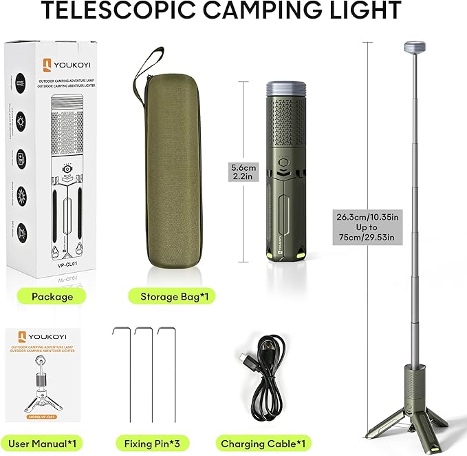 YOUKOYI Camping Light with Telescopic and Collapsible Portable Night Light 10500mAh Battery Magnetic Base Flash Light, IP67 Waterproof Lantern for Hiking Camping Adventure Emergency Lighting