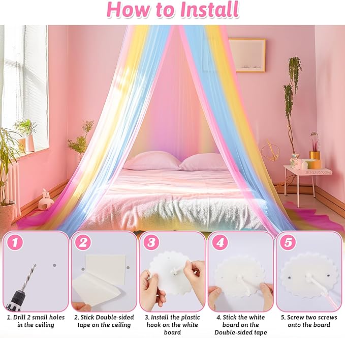 Mosquito Net for Bed, Large White Bed Canopy for Girls, Hanging Bed Net, Ideal for Bedroom Decorative, Travel with Storage Bag (Rainbow1)