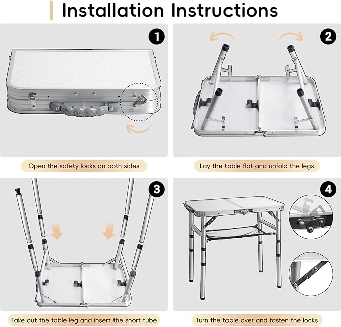 Small Camping Table 2Ft Folding Table 3 Adjustable Height Portable Lightweight Table Aluminum Fold Up Dining Table for Picnic,Beach BBQ,Cooking, Bed Working Outdoor & Indoor