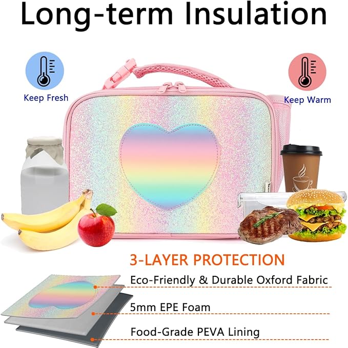 Insulated Lunch Box for School, Thermal Reusable Durable Freezable Lunch Bags for Kids Boys Girls Men Women - Small Soft Cooler Portable Lunch Tote Kit for Work Picnic Travel,Rainbow Glitter