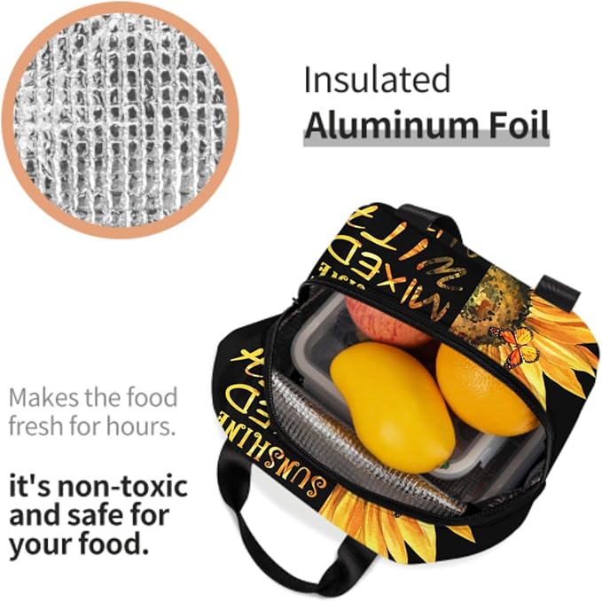 Giwawa Sunflower Insulated Lunch Bag for Girls Women, Sunshine Yellow Floral Inspirational Thermal Lunch Box with Front Pocket Reusable Meal Cooler Tote Bag for Kids Teens College Office