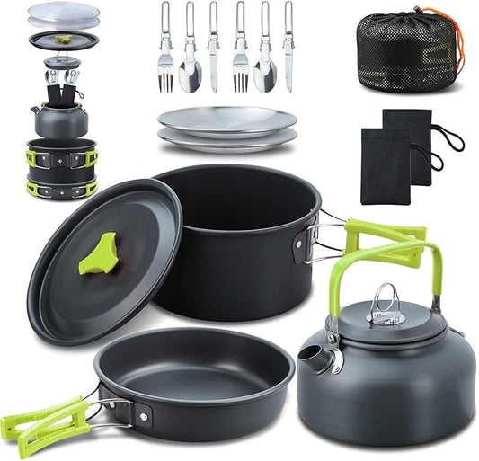 LIXADA 16pcs Camping Cookware Mess Kit, Non-Stick Lightweight Pot Pan Kettle Set with Stainless Steel Plates Forks Knives Spoons, Portable Camping Cooking Set for Outdoor Backpacking Hiking Picnic