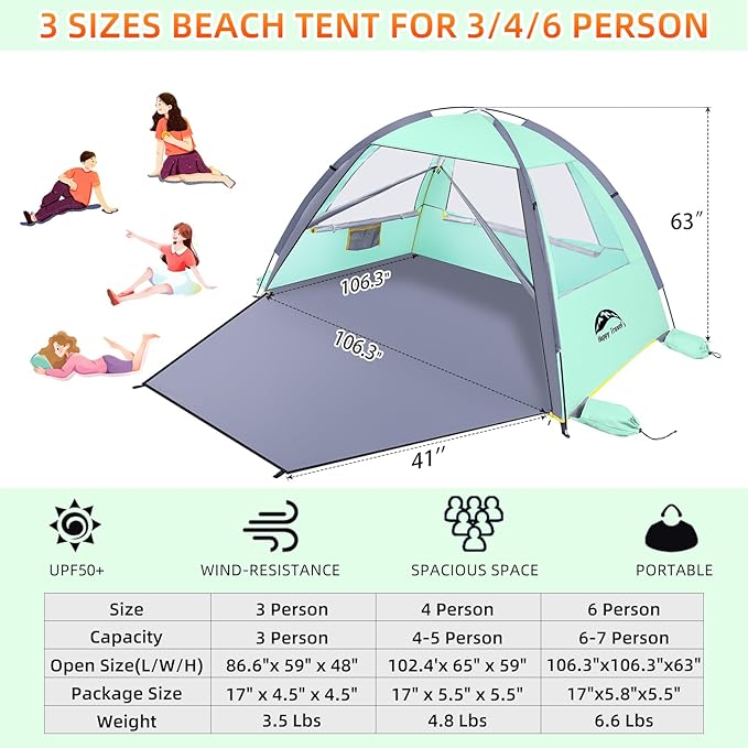 Happy Travel Beach Tent, UPF 50+ UV Protection Sun Shade Shelter for 3/4/5/6/7/8 Person, Portable Beach Canopy for Family & Baby, Lightweight & Easy Setup Beach Cabana with 3 Ventilation Mesh Windows