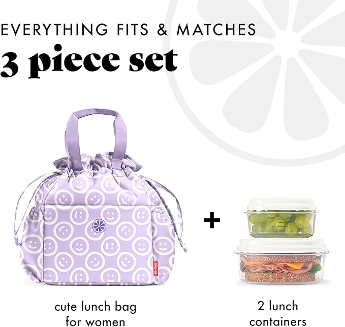 Fit & Fresh Lunch Bag For Women, Insulated Womens Lunch Bag For Work, Stain-Resistant Large Lunch Box For Women With Containers, Cinch Closure Cromwell Bag, All Smiles Lavender