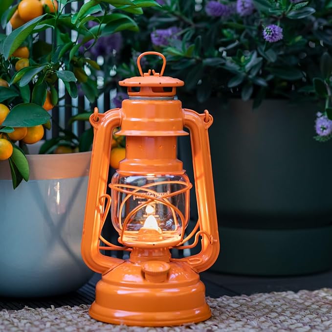 Outdoor Kerosene Fuel Lantern, German Made Weather Resistant Baby Special 276 Galvanized Hurricane Lamp for Camping or Patio, 10 Inches, Pastel Orange