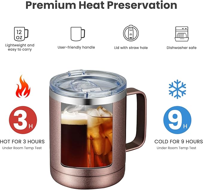 MEWAY 12oz Coffee Mug With Handle 4 Pack Bulk,Stainless Steel Insulated Travel Tumblers With Sliding Lid,Double Wall Vacuum Camping Cup for Hot & Cold Drinks Tea (Rose Gold,Set of 4)