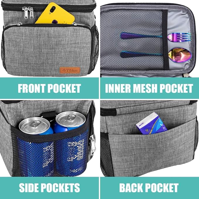Tiblue Insulated Lunch Bag for Women/Men, Reusable Lunch Box for Office Work School Picnic Beach,Leakproof Freezable Cooler Bag with Adjustable Shoulder Strap for Kids/Adult(Medium, Rock Grey)