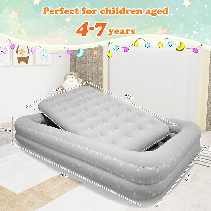Air Mattress for Kids 4-7 Year Old:Toddler Travel Bed with Sides, Portable Children's Inflatable Beds with Smooth Plush Surfaces for Travel, Hotels, Camping and Grandparents' Homes Gary