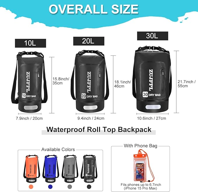Dry Bag Waterproof Floating Backpack 10L/20L/30L,Waterproof Bag for Women Men,Roll Top Dry Compression Sack Keeps Gear Dry for Boating, Kayaking, Surfing, Rafting and Fishing (black, 20L)