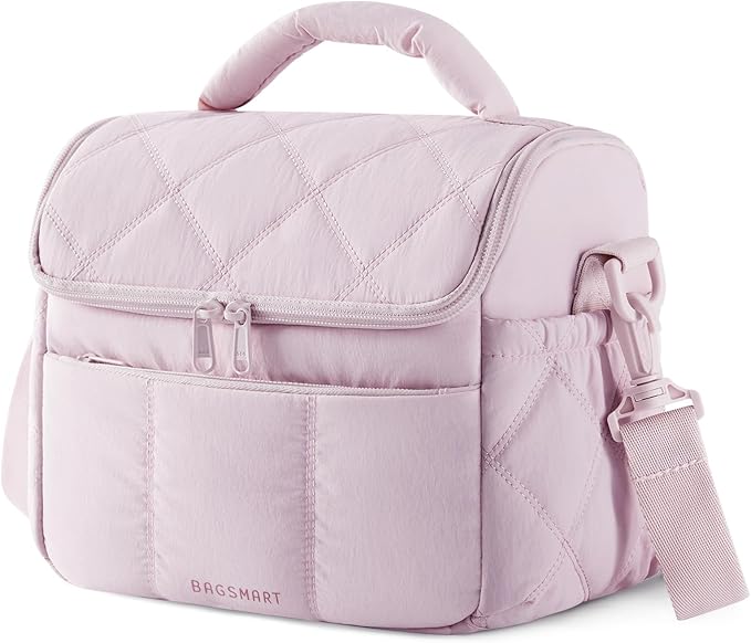 BAGSMART Insulated Lunch Bags for Women, Cute Quilted Lunch Box, Lightweight Puffy Padded Waterproof Lunch Tote, Reusable Lunch Cooler for Work Picnic Travel, Pink