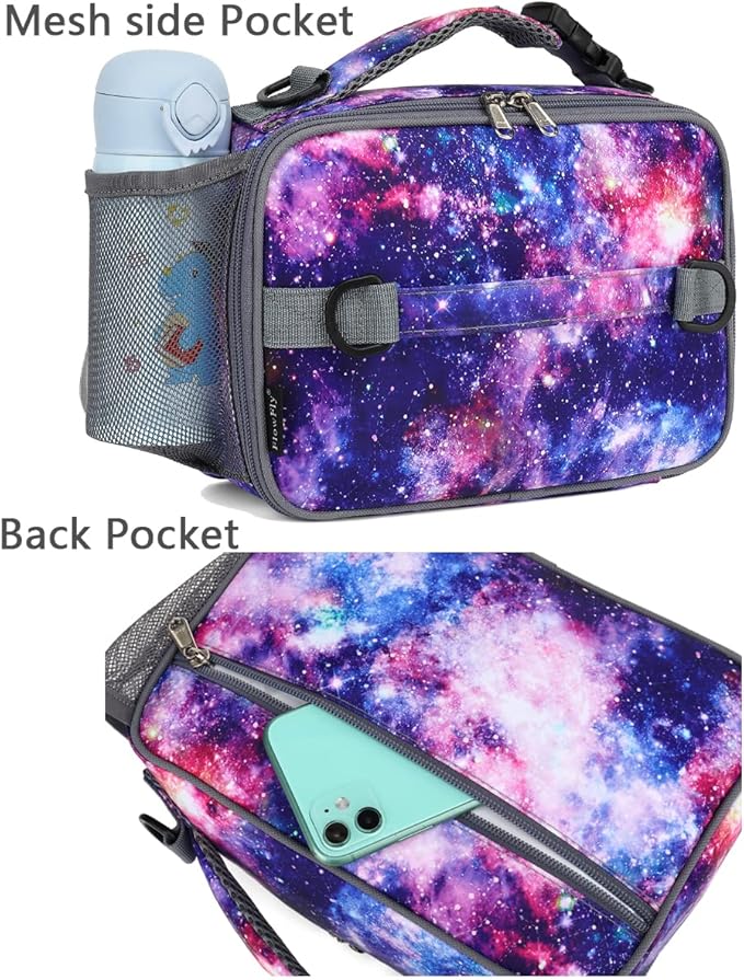 FlowFly Kids Lunch Bag, Durable Insulated School Lunch Box with Shoulder Strap and Bottle Holder, Water-resistant Thermal Small Lunch Cooler Tote for Teen Boys & Girls,Galaxy