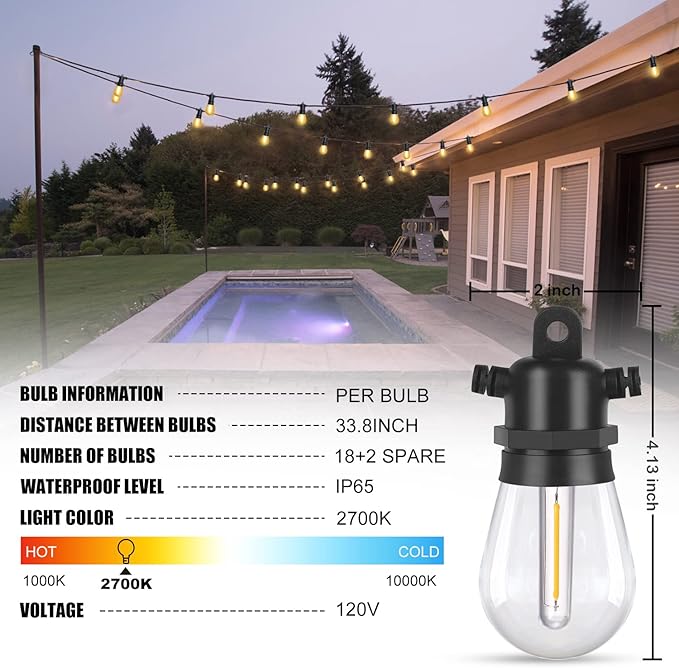 DGE Outdoor LED String Lights 54 FT Patio String Light Shatterproof & Waterproof IP65, 18 AWG UL Listed Wire Bright String Light for Patio, Backyard, Gazebo, Porch, Wedding Party