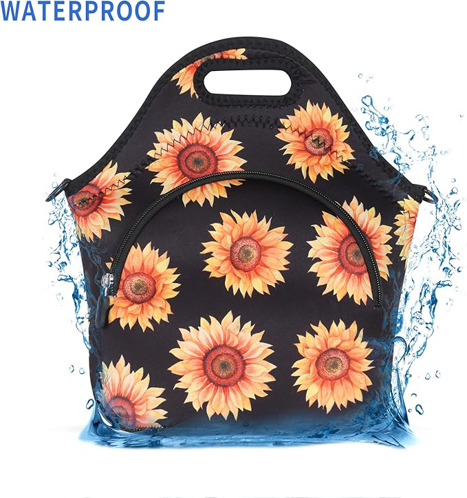Violet Mist Neoprene Floral Lunch Bag, Sunflower, 12.6"L x 11.8"H x 6.3"W, Adjustable Shoulder Strap, Waterproof, Eco-Friendly