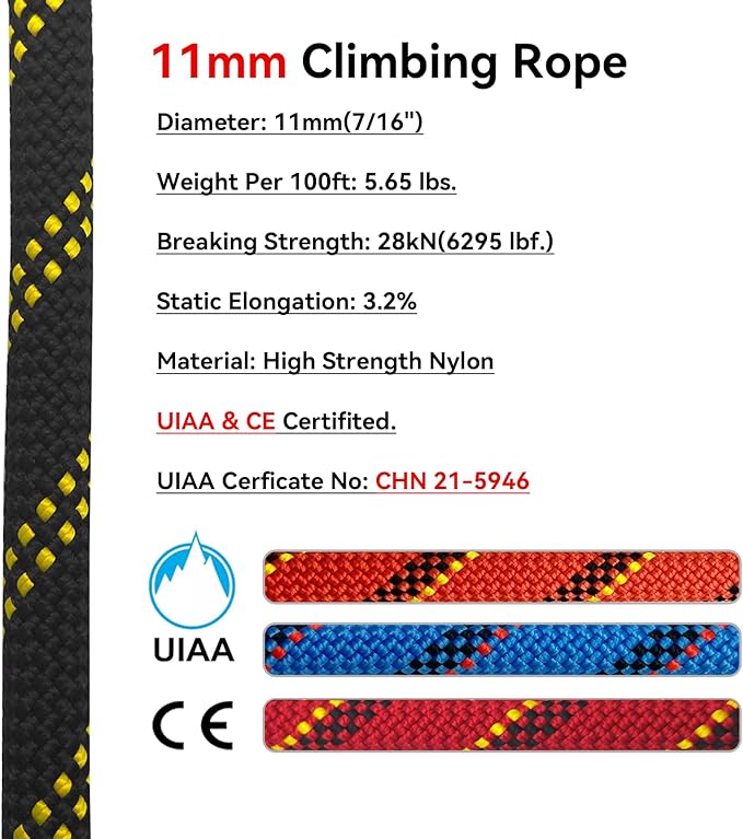 Static Climbing Rope 11mm UIAA Static Line Rappelling 30M (100ft) Nylon Kern Mantle Rope for Hauling, Rescue, Mountain, Tree Climbing