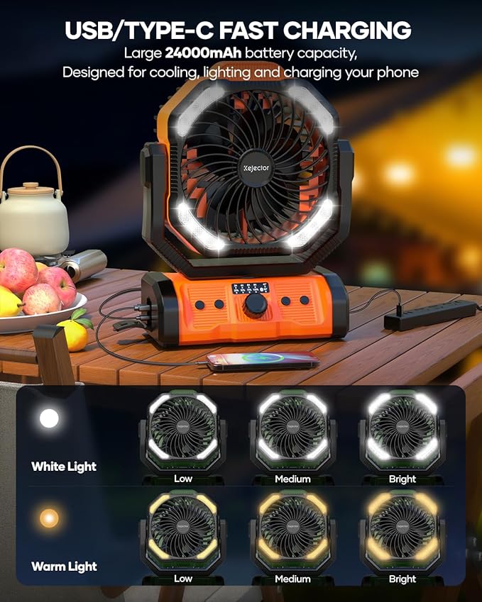 kejector Portable Camping Fan Rechargeable - 24000mAh 3-in-1 Battery Powered Fan with LED Lights, USB C, Auto Oscillating Portable Fan for Tents, Travel, BBQ, Fishing, Home, Office, Camper Essentials