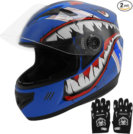 TCT-MOTORPARTS DOT Youth Kids Helmet Motocross ATV Full Face Four Wheeler Helmets for Offroad Street Dirt Bike Go-Kart BMX MX Blue Shark Mouth Small