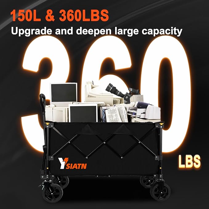 Collapsible Wagon Cart with Wheels Foldable, Folding Wagon Cart with All Terrain Wheels, Large Grocery Carts On Wheels, Heavy Duty Utility Wagons for Shopping Beach Sports Fishing Camping, 150L, Black