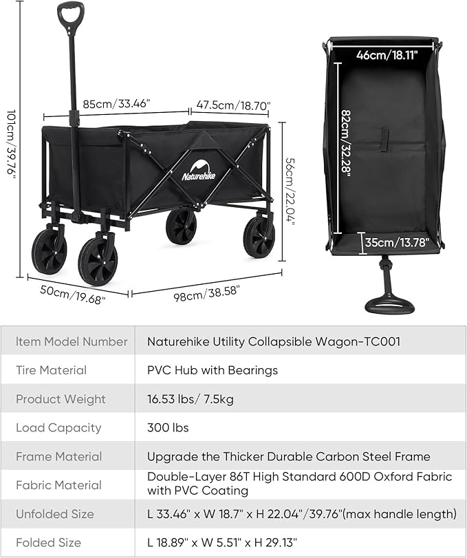 Naturehike Beach Wagon with Big Wheels for Sand, 300LBS Collapsible Foldable Heavy Duty Garden Cart - Large Capacity Utility Wagon for Shopping, Camping, Garden, Sports, Grocery