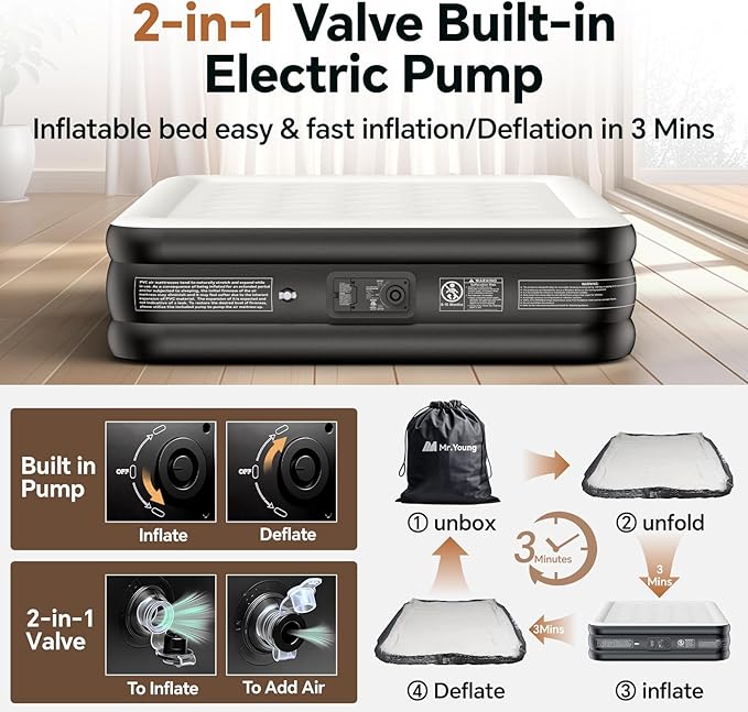 Mr.Young Air Mattress Twin with Built in Pump, Luxury Blow up Mattress, Colchones Inflables in 2 Mins Self-Inflation/Deflation, Inflatable Mattress for Guests and Home, Camping, 650lb MAX