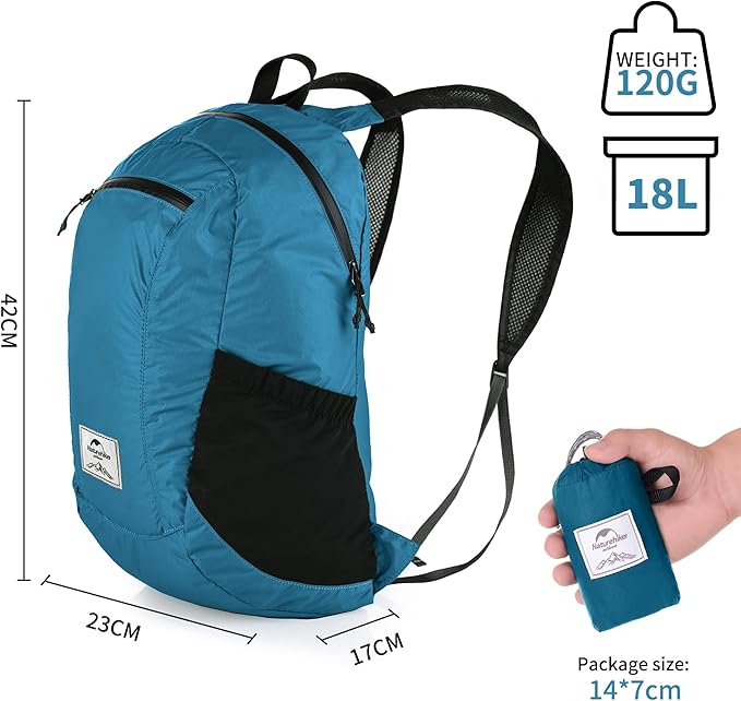 Naturehike 18L Lightweight Hiking Backpack, Waterproof Camping Packable Backpack Ultralight for Travel, Airplane, Small Hiking Daypack for Adults, Blue