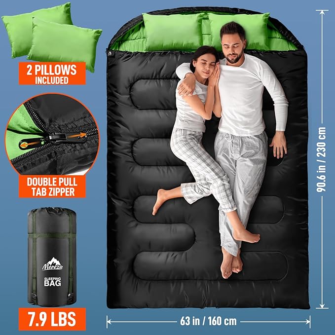 MEREZA Double Sleeping Bag for Adults Mens with Pillow, XL Queen Size Two Person Sleeping Bag for All Season Camping Hiking Backpacking 2 Person Sleeping Bags for Cold Weather & Warm