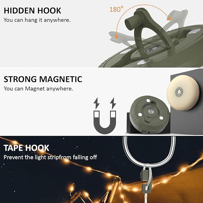 Camping String Lights with 8 Modes, 4 in 1 Portable Camping Light Rechargeable, USB Charging, Quick Storage, 32.8ft Waterproof Tent Light for Camping, Hiking, Christmas