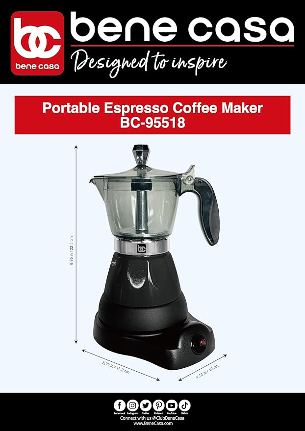 Bene Casa Black Portable Electric Espresso Maker/Cafetera, 1-3 Cups/Shots (1, BLACK)