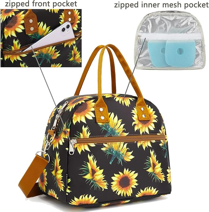 FlowFly Insulated Lunch Bag With Shoulder Strap for Women, Men, and Kids, Large and Reusable, Handle, Freezable Work and School Travel Tote and Meal Prep Organizer,Sunflower